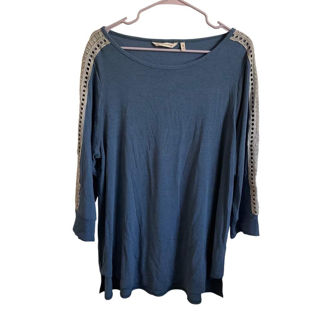 Soft Surroundings Blue Crochet Detail Ribbed 3/4 Sleeves Tunic Top - Size 1X